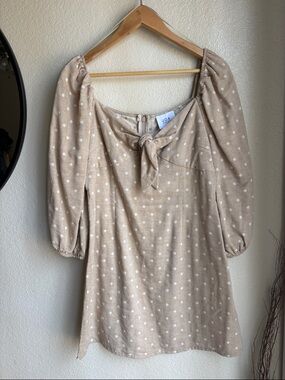 NWT J.O.A Brown Polka Dot Long Sleeve Tie Front Dress Size L